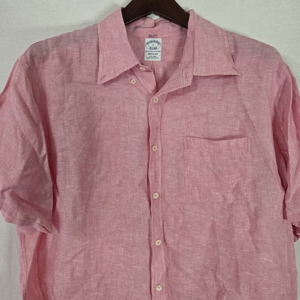 Brooks Brothers Mens Large 100% Linen Short Sleeve Button Up Shirt Pink Lght Red